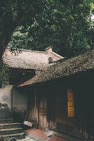 A traditional wooden house with a tiled roof surrounded by dense greenery. The structure has a rustic charm, with wooden doors and a small staircase leading to the entrance. Light filters through the trees above, creating a serene atmosphere.