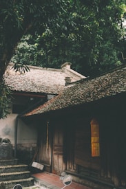 A traditional wooden house with a tiled roof surrounded by dense greenery. The structure has a rustic charm, with wooden doors and a small staircase leading to the entrance. Light filters through the trees above, creating a serene atmosphere.