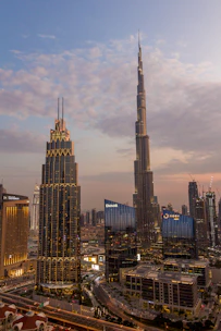 city skyline during night time