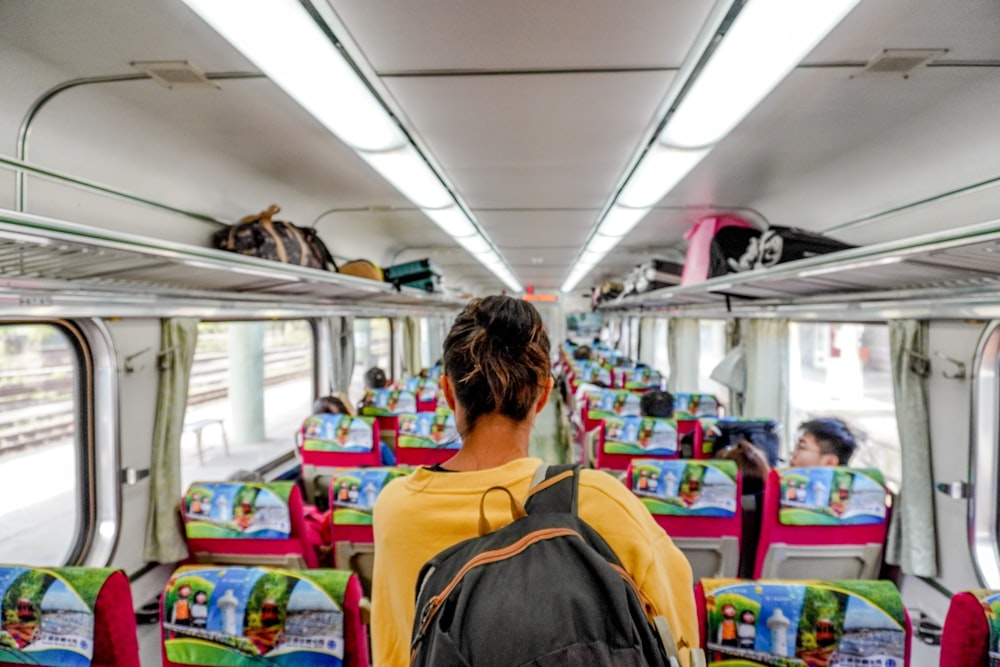 woman in yellow shirt and black backpack