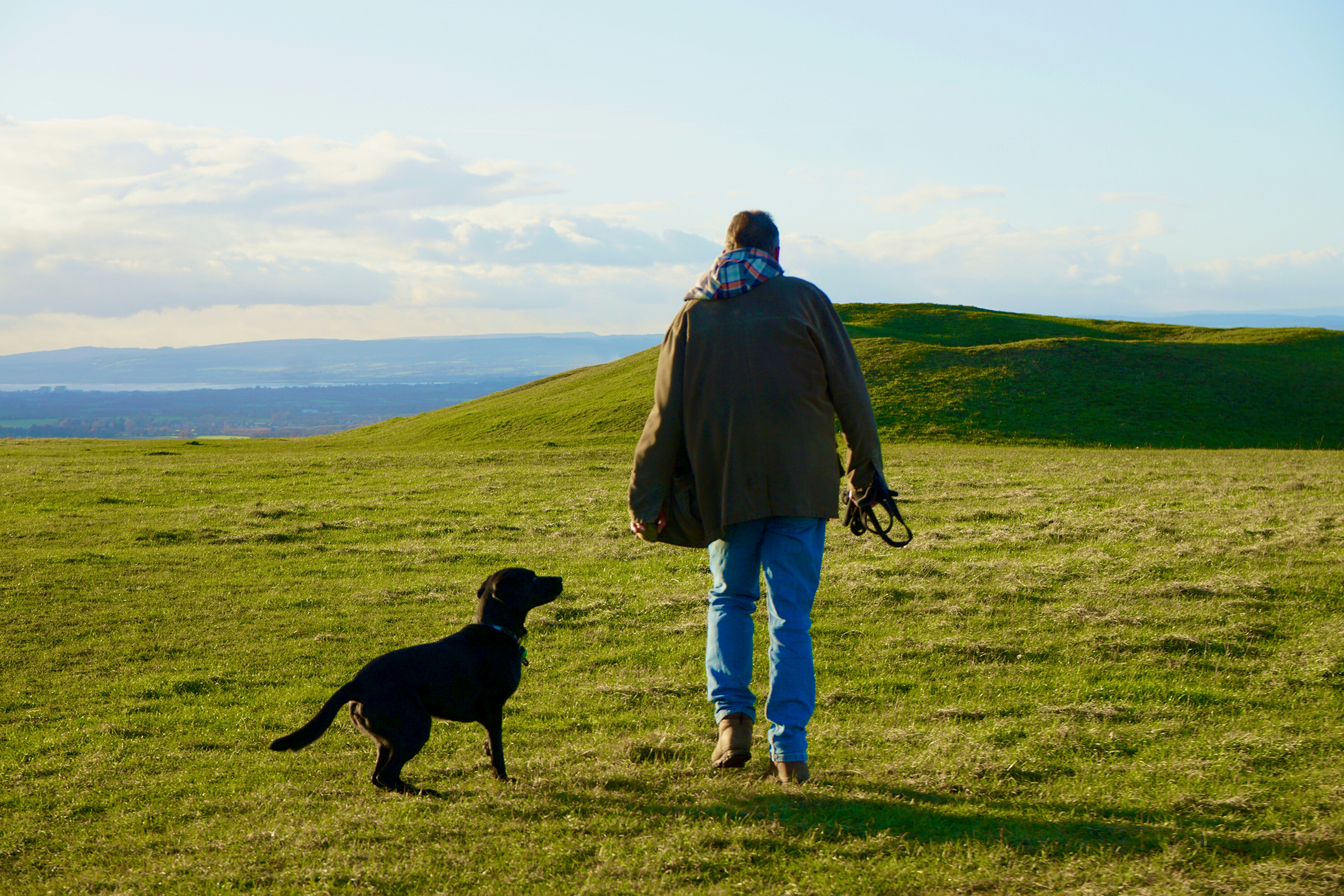 man in blue jacket standing beside black labrador retriever on green grass field during daytime