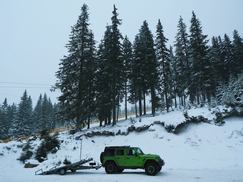 Camion verde sul terreno coperto di neve vicino agli alberi durante il giorno