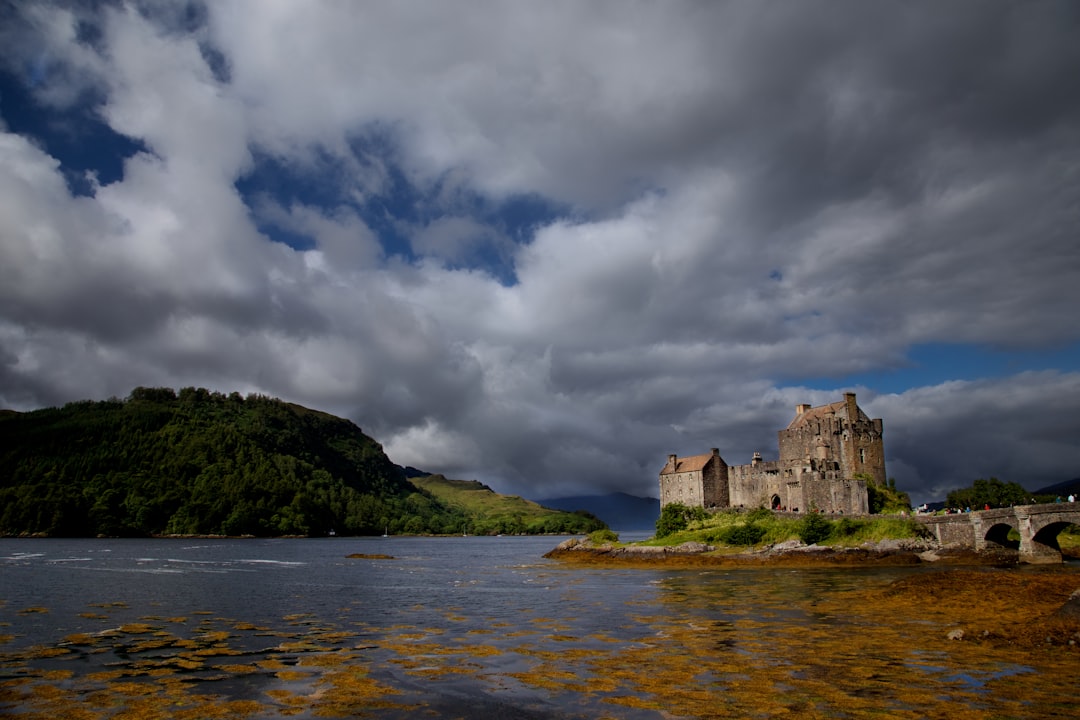 gray concrete castle on green grass field beside body of water under cloudy sky during daytime