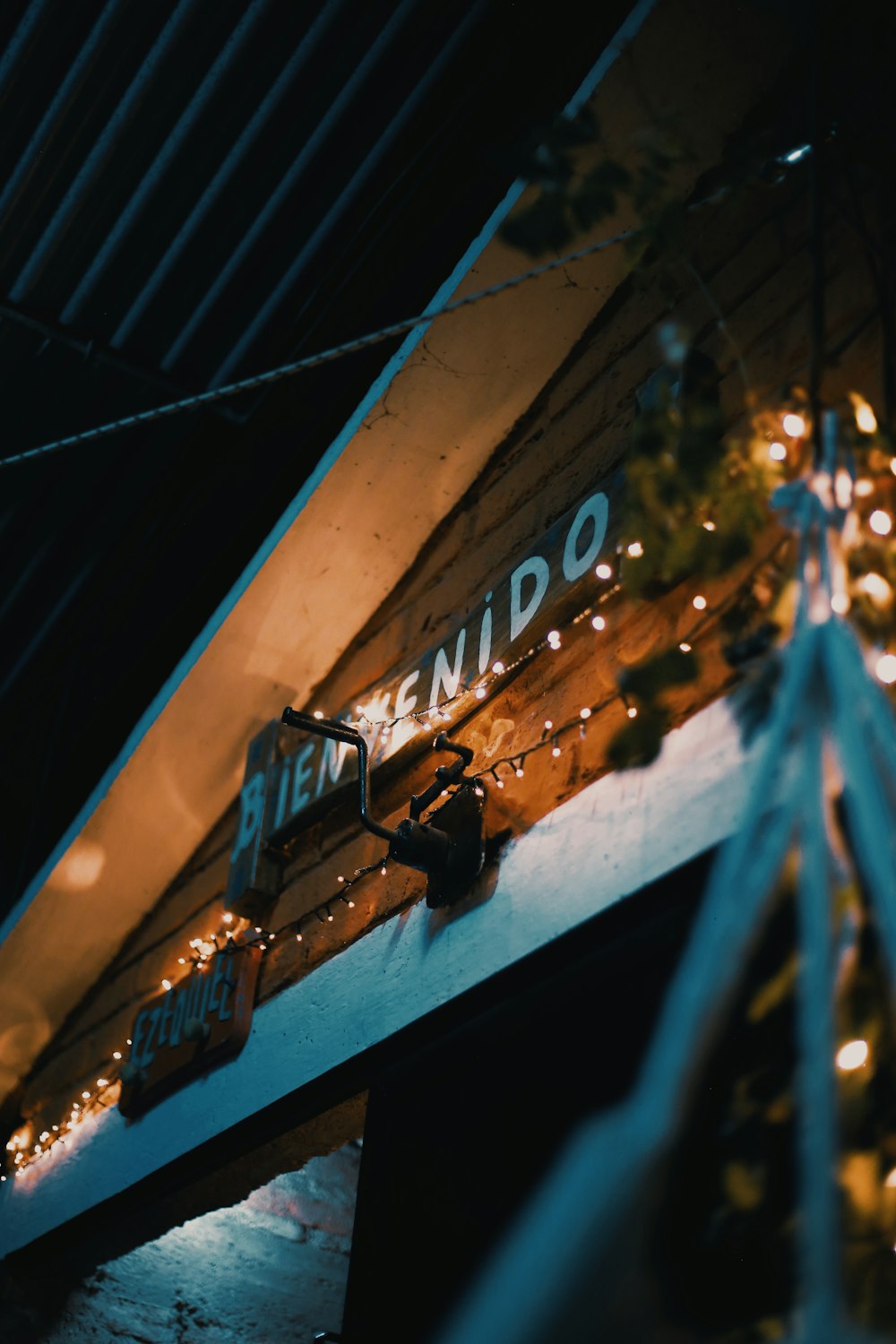 blue metal ladder near brown wooden wall