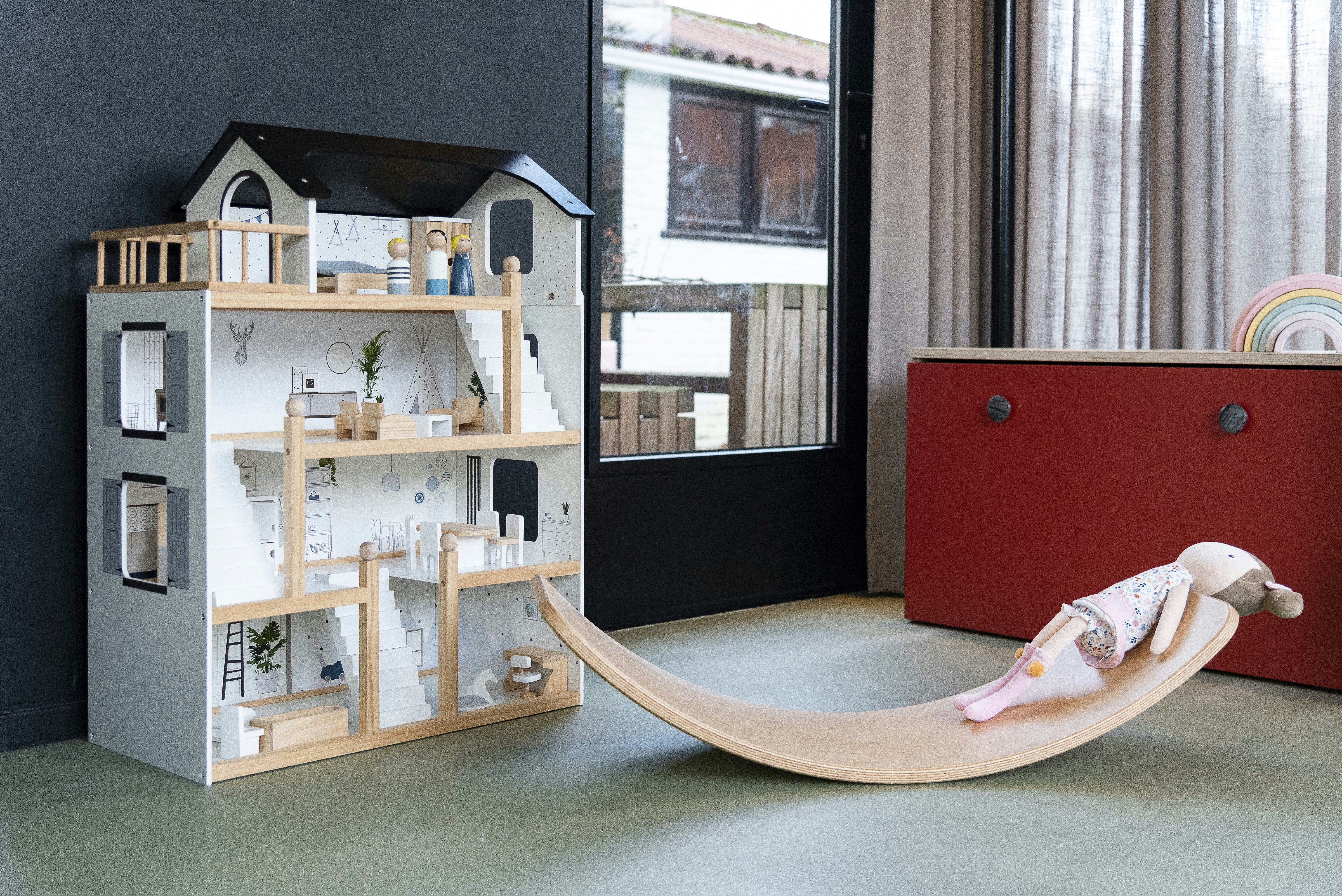 red and white wooden shelf
