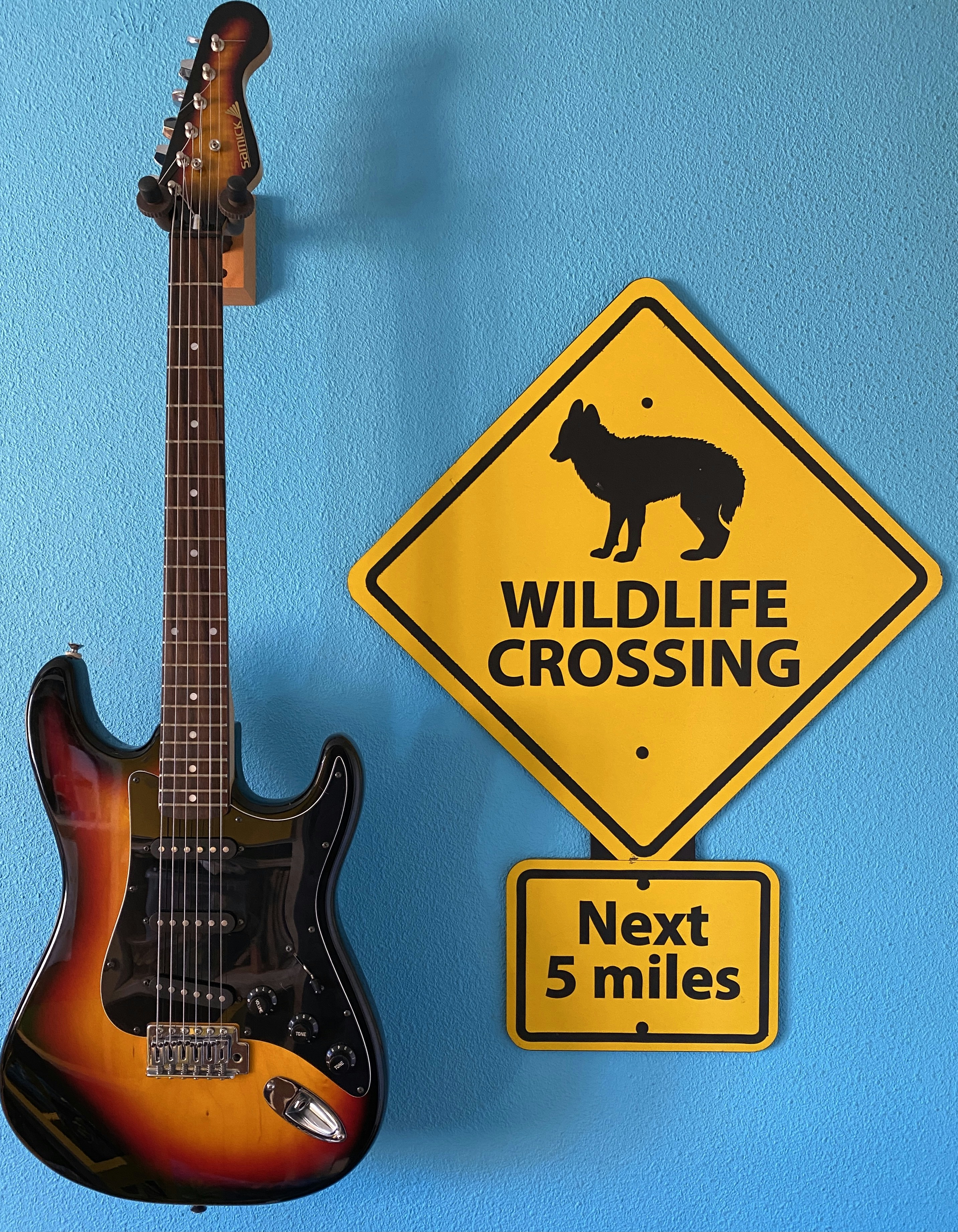 eine Gitarre und ein Schild an einer blauen Wand