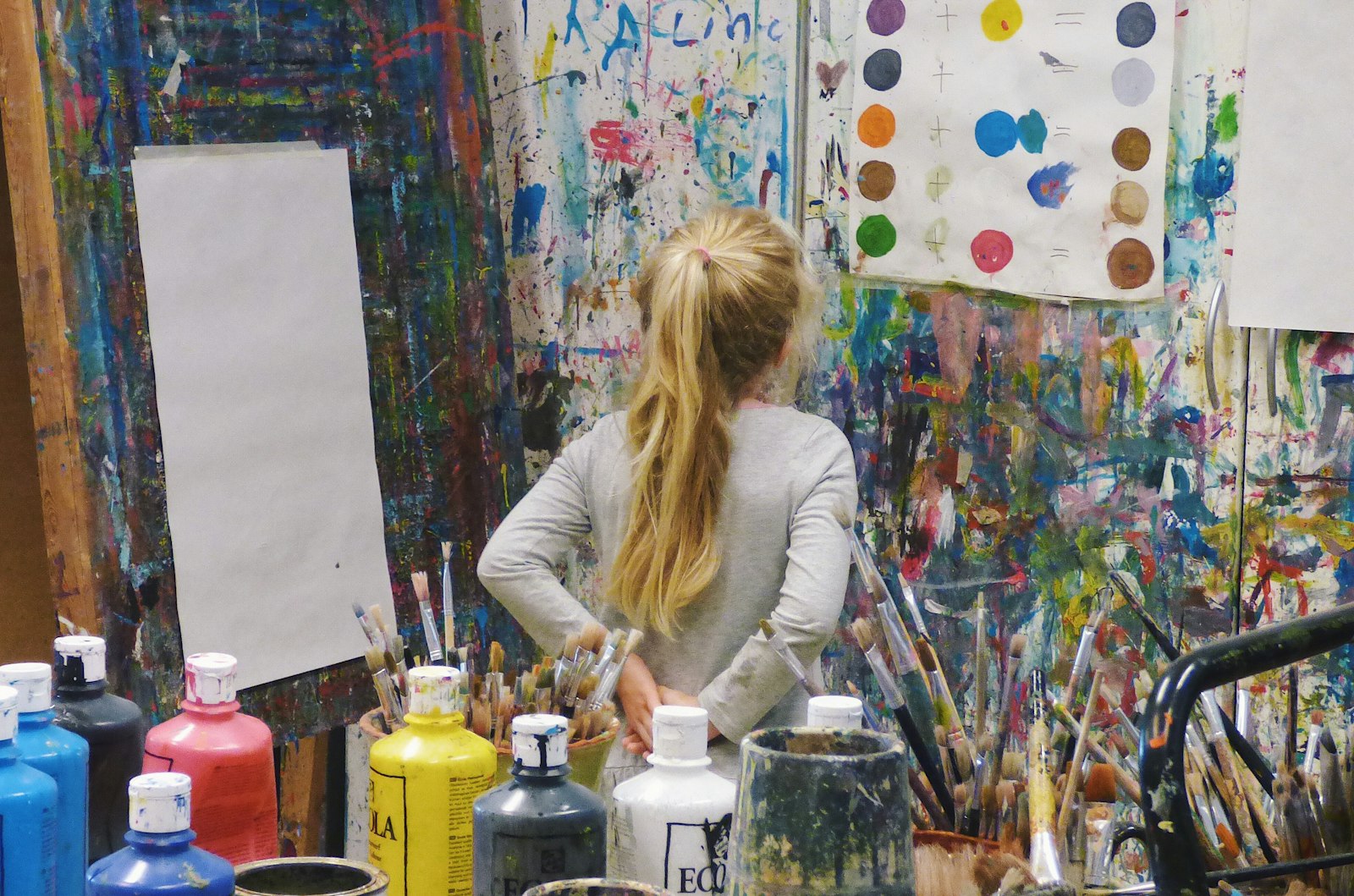 Child seen from behind painting on a large sheet in a paint-splattered art studio