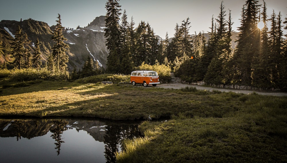 orange and white van on green grass field near lake during daytime