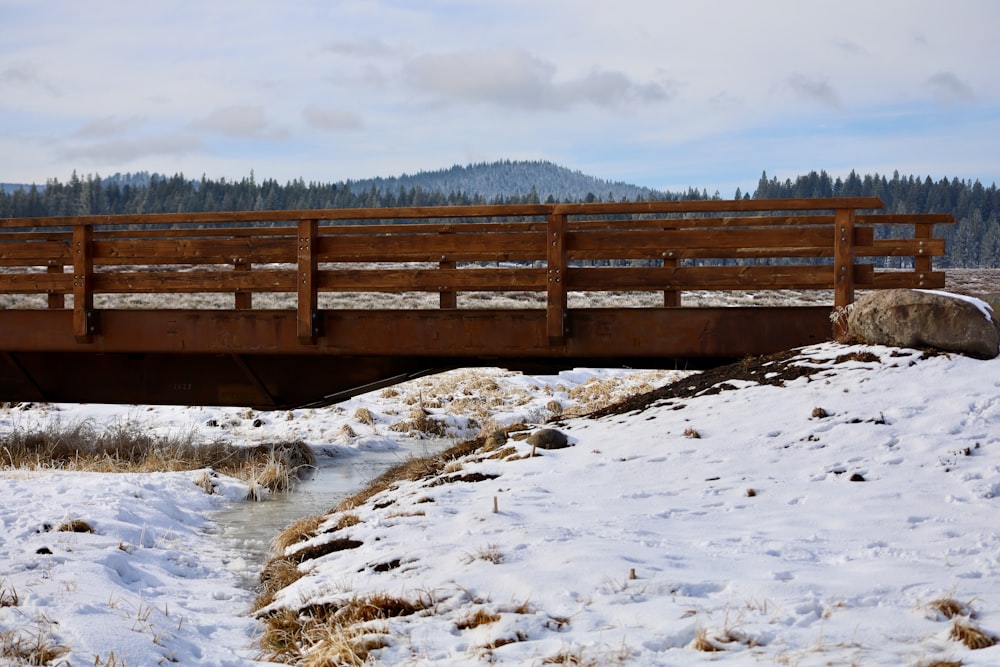 brown wooden bridge over snow covered ground during daytime