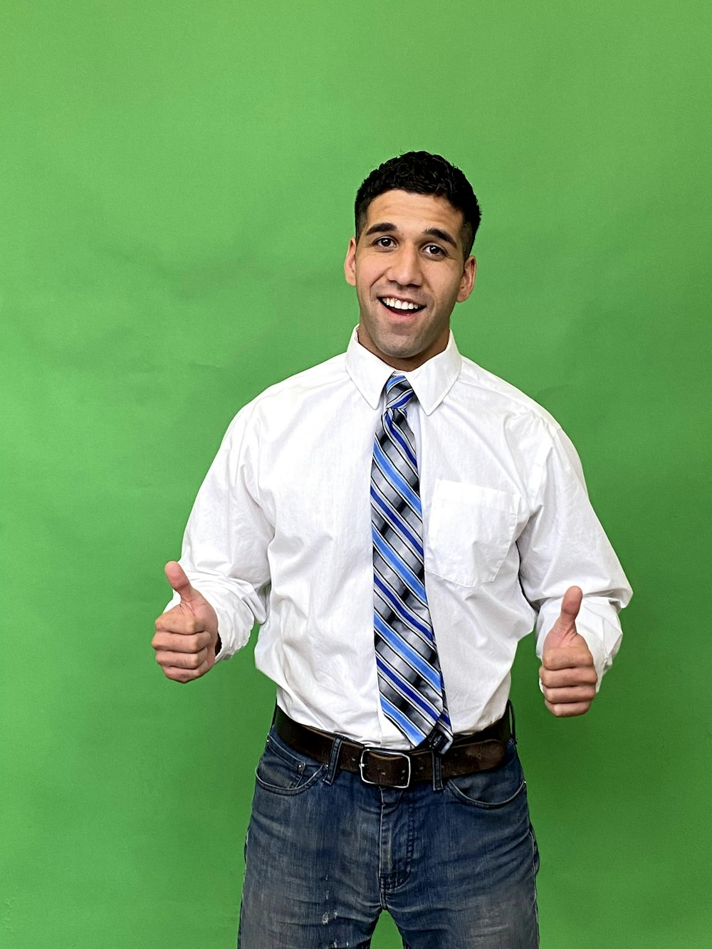 man in white dress shirt and blue necktie