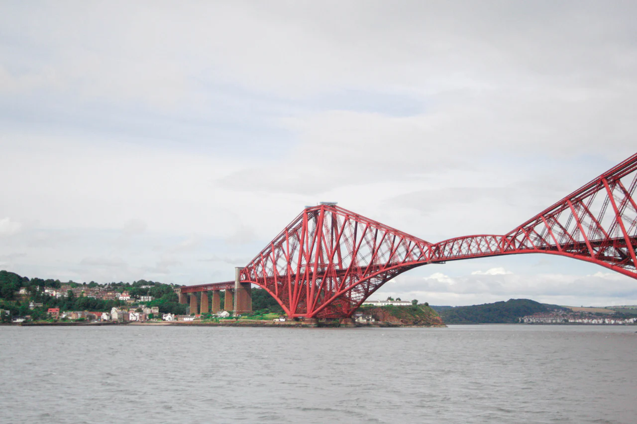 The Forth Bridge, the red cantilever railway bridge across the Firth of Forth in Scotland