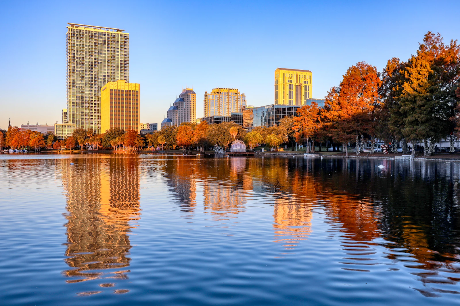 Orlando city skyline across a lake on a sunny day