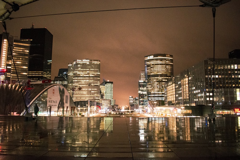 city skyline during night time