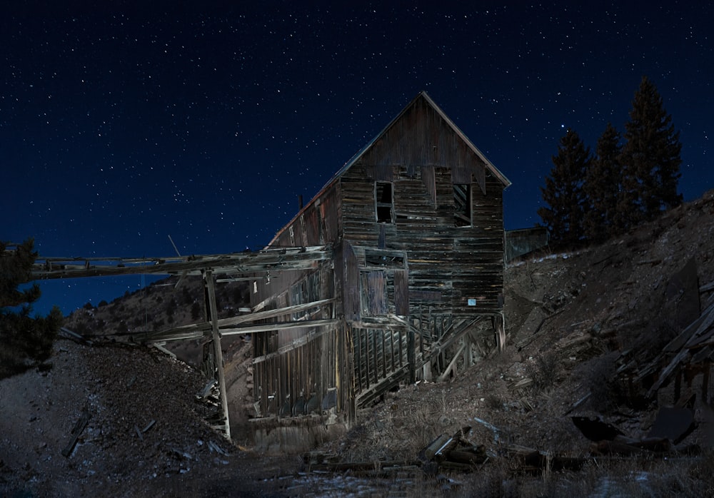 brown wooden house near trees during night time