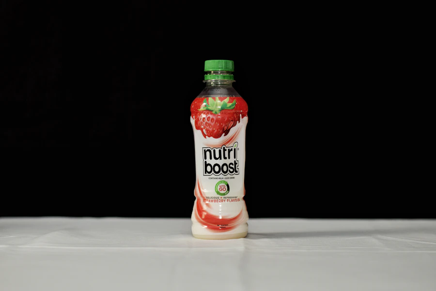 A plastic bottle with a printed cap and body