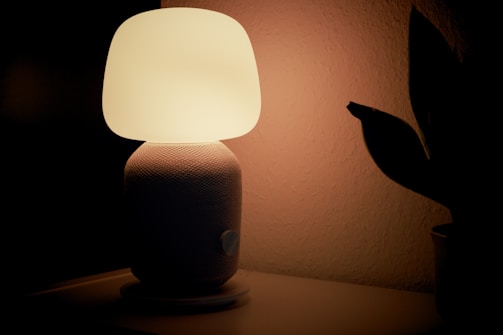A soft, glowing table lamp is placed on a surface, casting a warm light against a plain wall. The lamp has a rounded, smooth design with a wide base and a shade that diffuses the light evenly. A plant with dark leaves is visible in the shadows to the right.