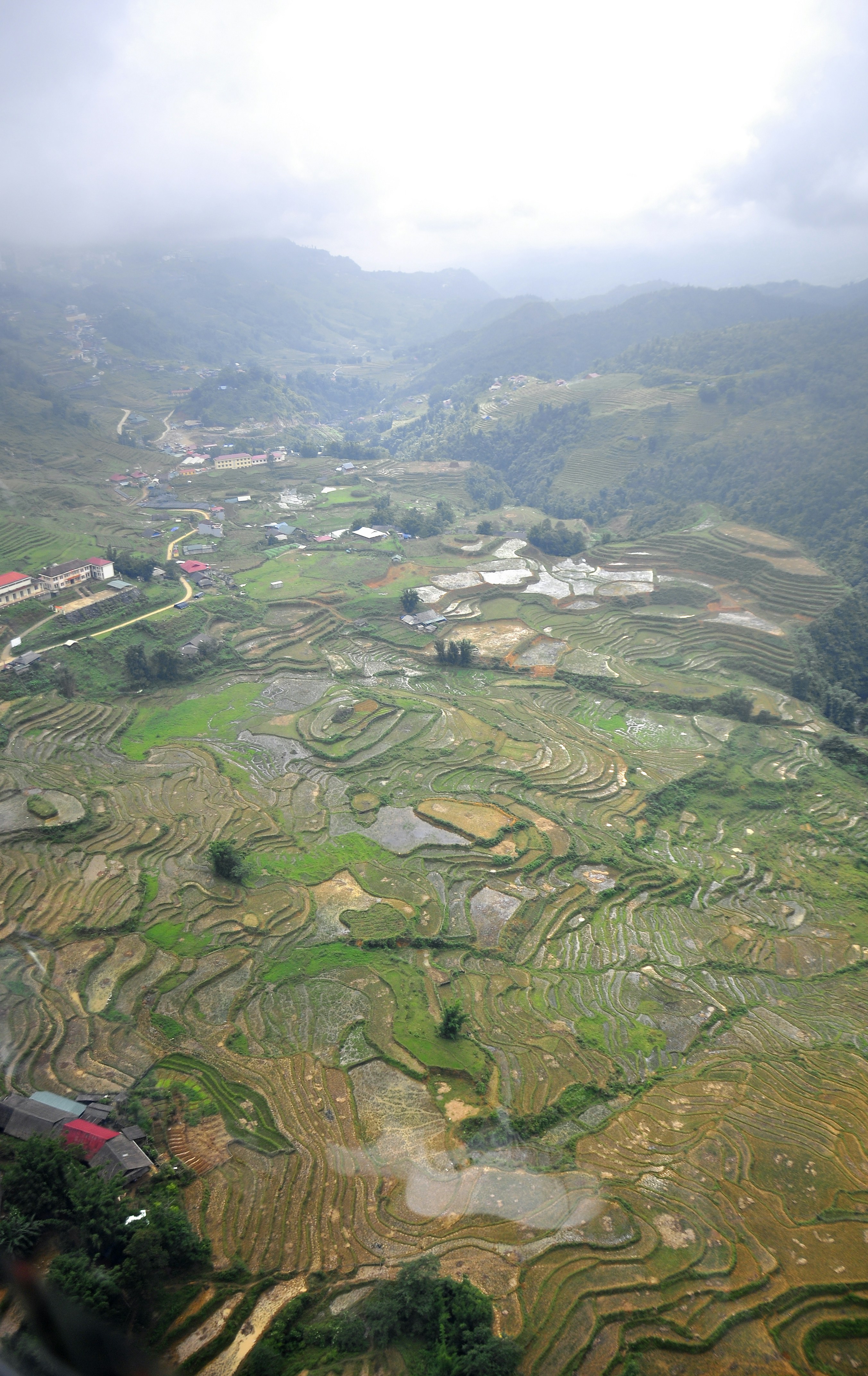 Aerial view of green Himalayan valley with terraced rice fields and morning mist