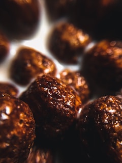 Close-up view of chocolate cereal balls in milk, highlighting their glossy texture and rich brown color.