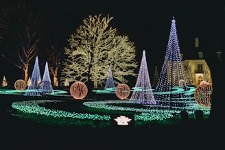 A festive outdoor garden scene with twinkling lights and seasonal plants.