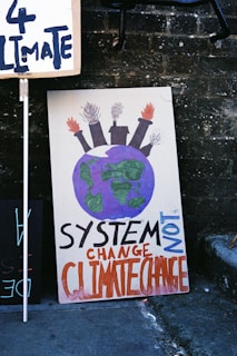 A protest sign with a drawing of Earth topped by factory smokestacks emitting smoke and flames, accompanied by the text 'SYSTEM CHANGE NOT CLIMATE CHANGE' in bold letters. The sign leans against a brick wall along with another partially visible sign.