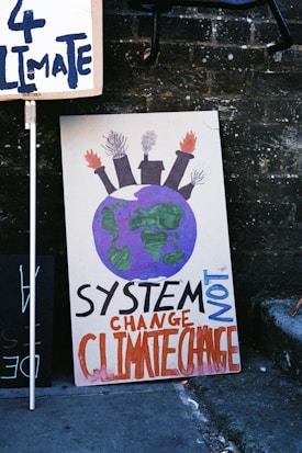 A protest sign with a drawing of Earth topped by factory smokestacks emitting smoke and flames, accompanied by the text 'SYSTEM CHANGE NOT CLIMATE CHANGE' in bold letters. The sign leans against a brick wall along with another partially visible sign.