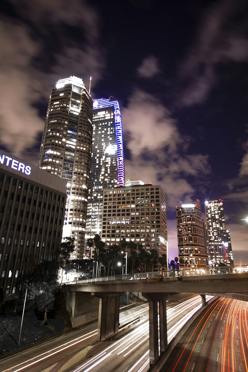 city skyline during night time