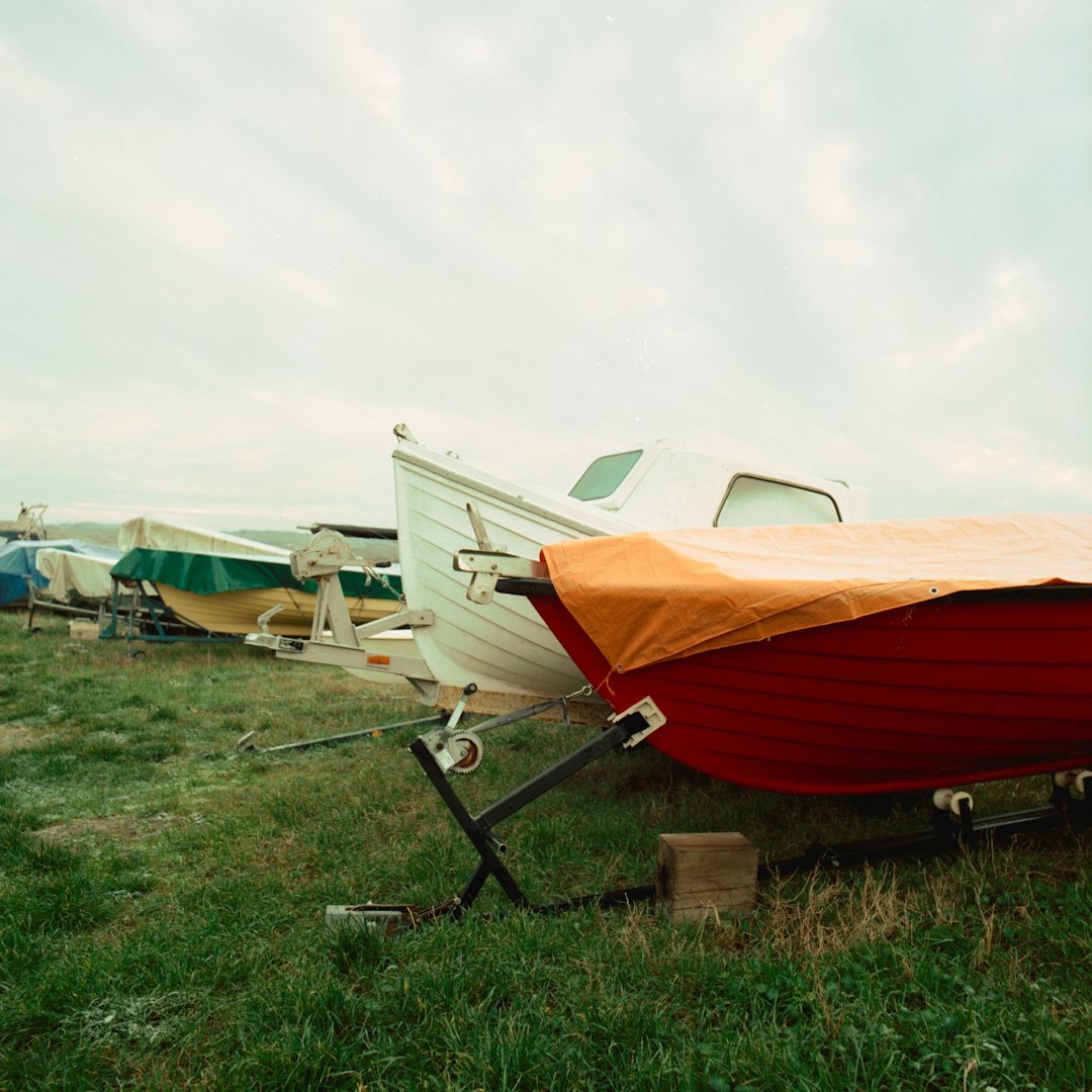 red and white boat on green grass field during daytime