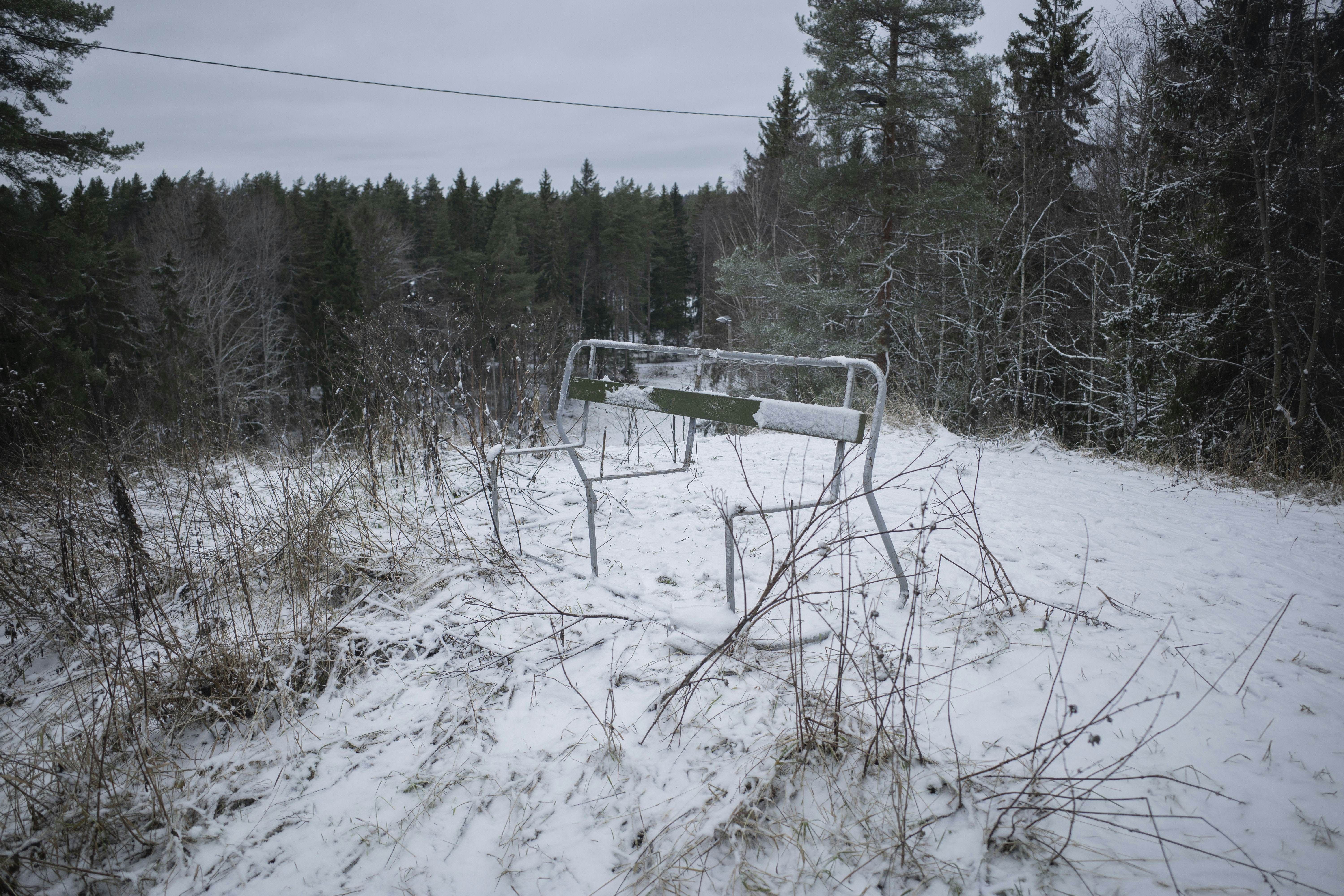green wooden bench on snow covered ground