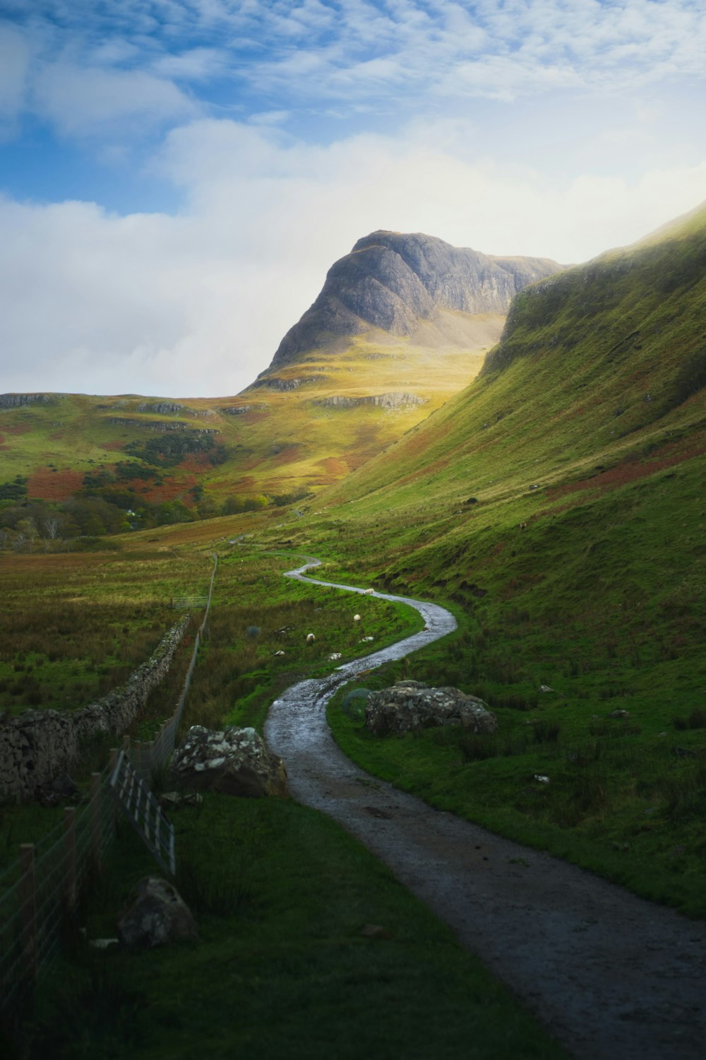 a road winding through a lush green valley