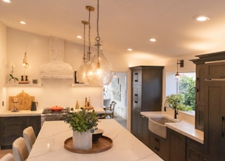 white and brown kitchen island