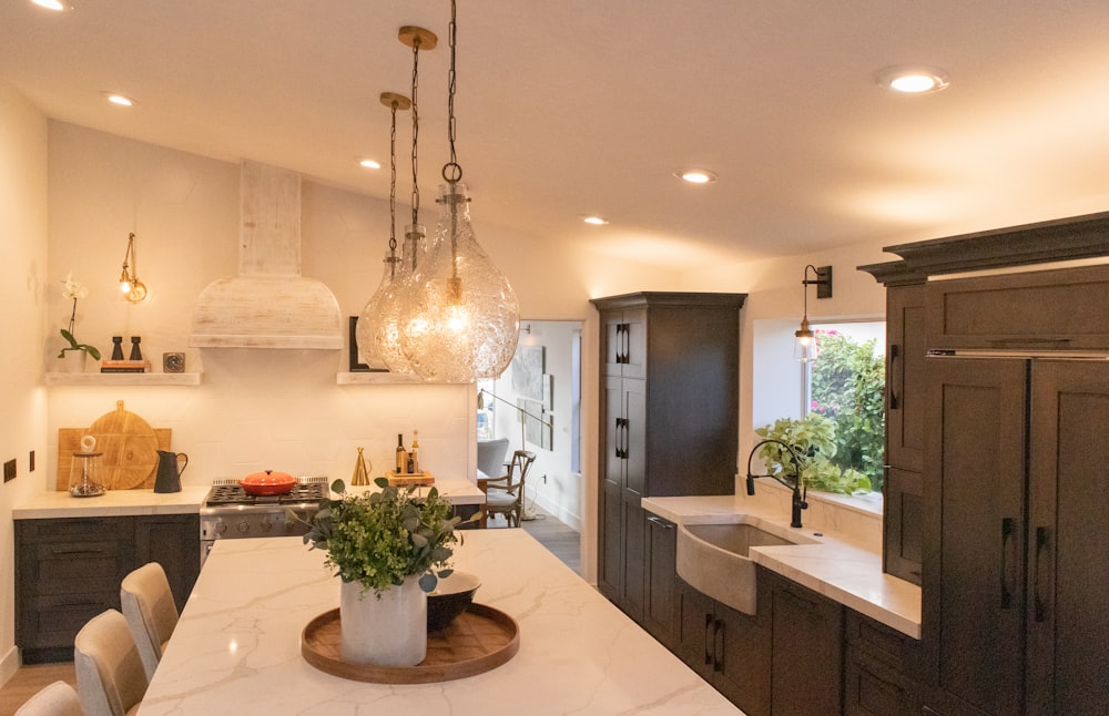 white and brown kitchen island