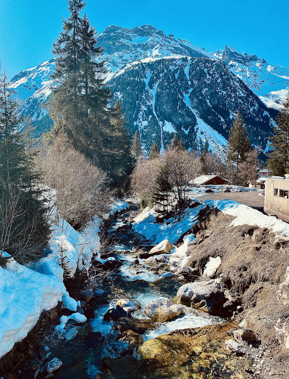 snow covered house near trees and mountain during daytime