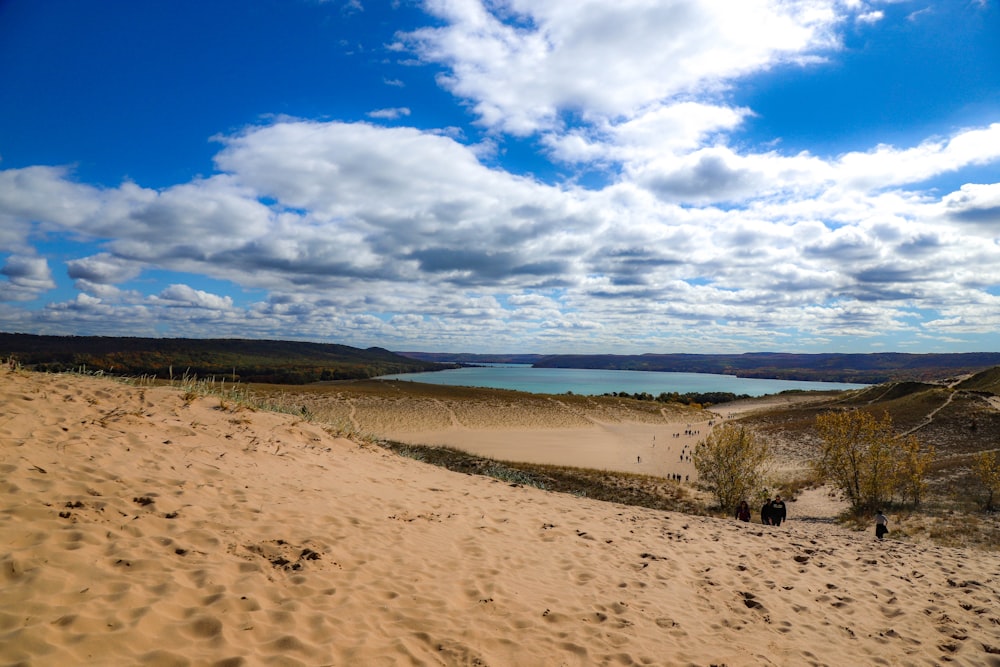 brown sand near body of water under blue sky during daytime