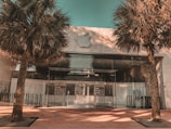 A modern storefront with a large glass facade, framed by two tall palm trees. The entrance features a minimalistic design with the logo of a well-known tech company prominently displayed above. The overall architecture is sleek and contemporary.