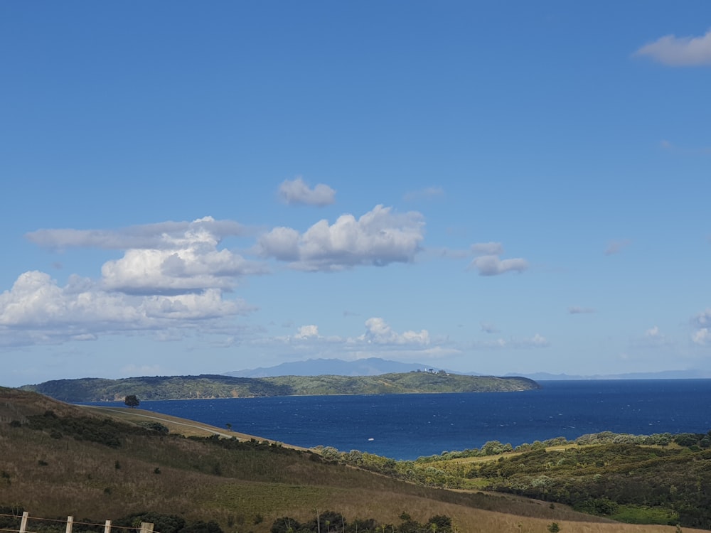 green grass field near body of water under blue sky during daytime