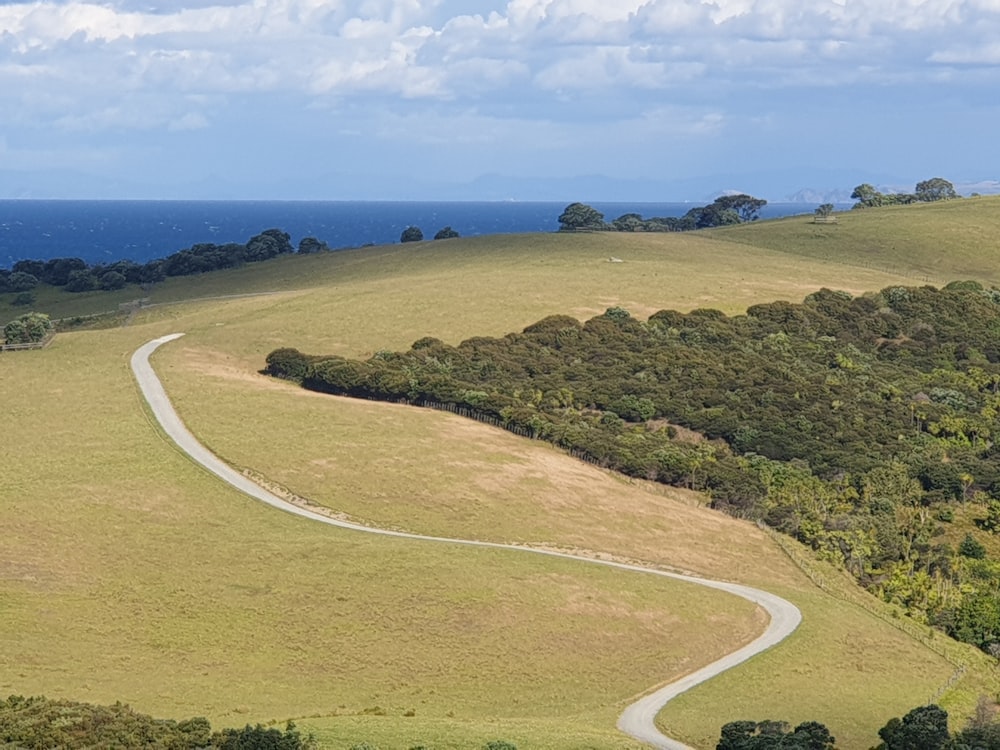 gray asphalt road between green grass field under blue sky during daytime