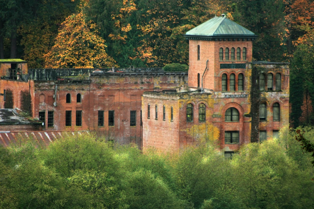 Braunes Betongebäude tagsüber von grünen Bäumen umgeben