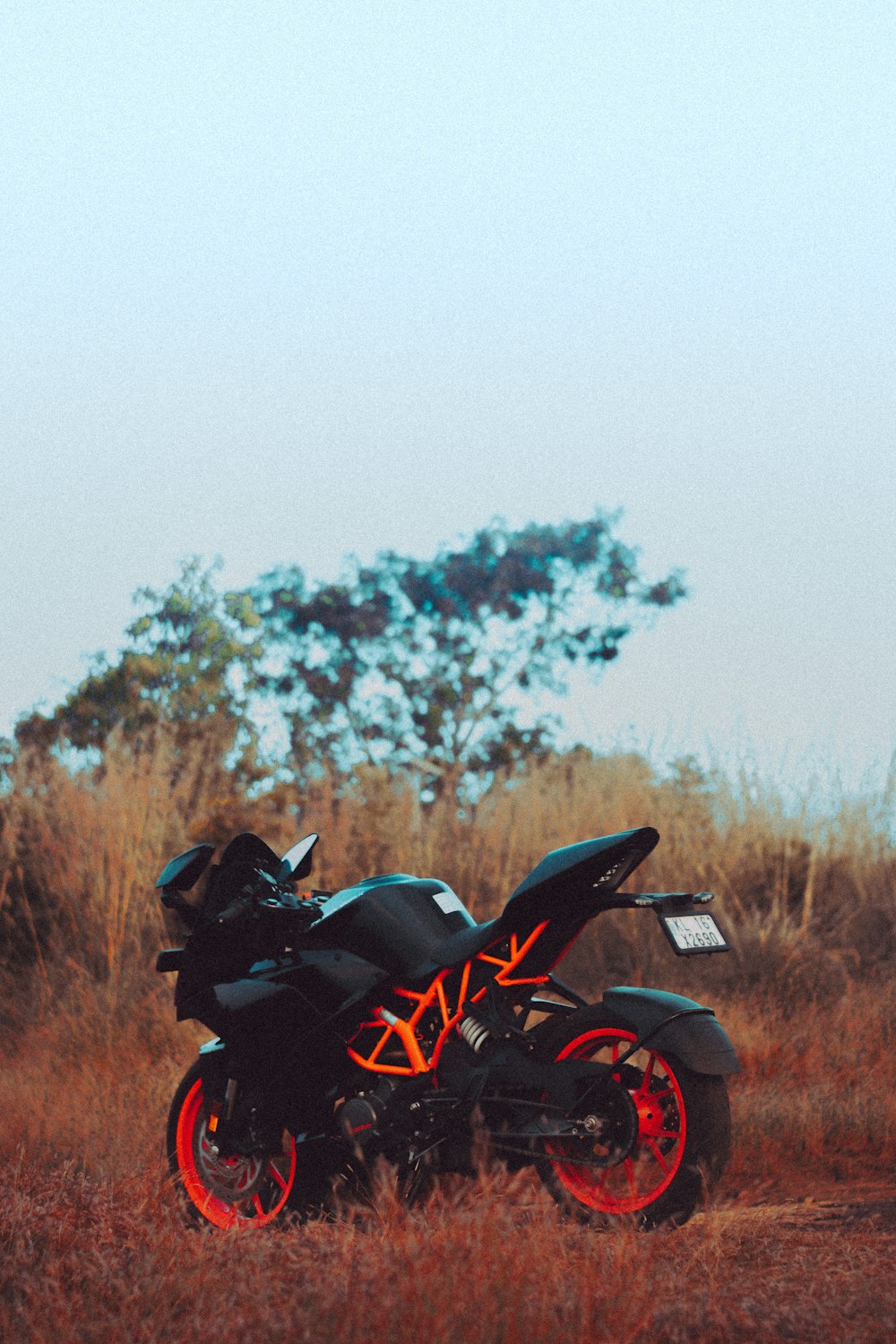 red and black sports bike on brown grass field during daytime