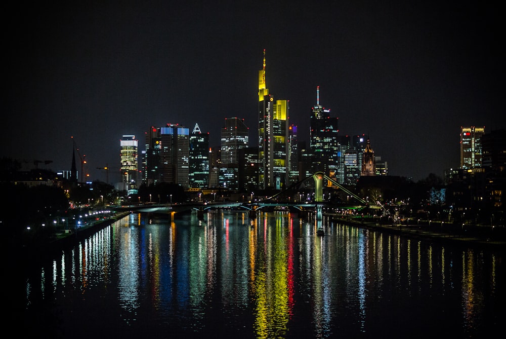 city skyline during night time