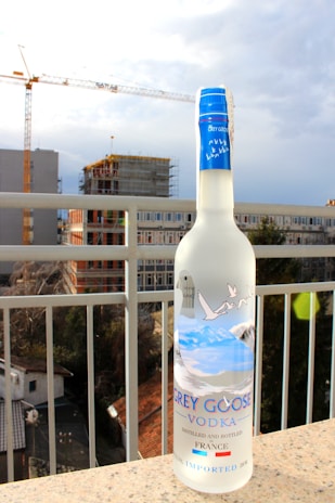 A bottle of Grey Goose vodka is positioned on a ledge with an urban backdrop featuring construction cranes and buildings. The bottle has a frosted appearance with a blue cap and is adorned with images of geese in flight.