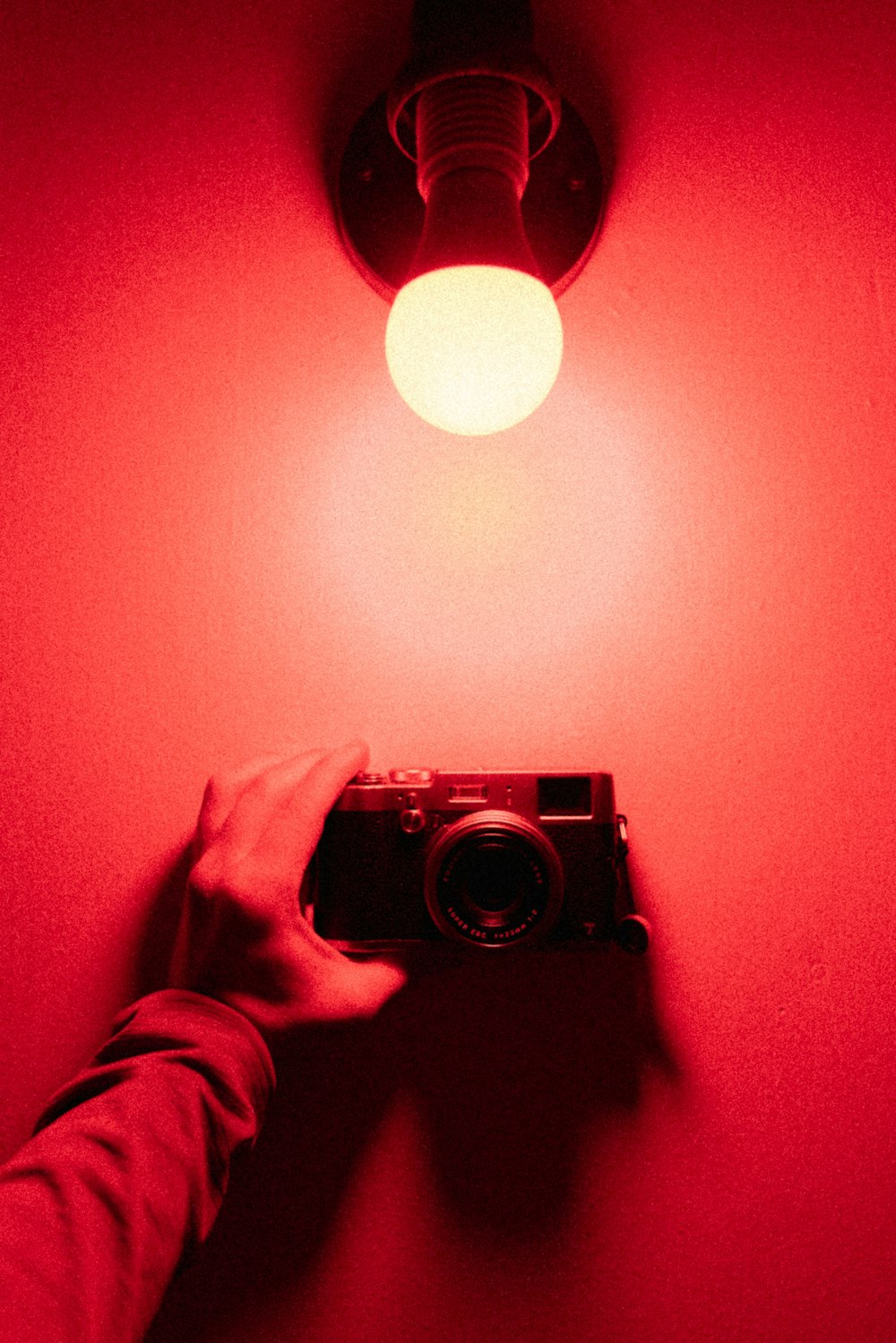 person holding black and silver camera