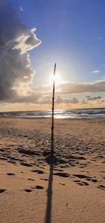 Sunset view of a beach with a SunZapper zinc stick standing upright in the sand