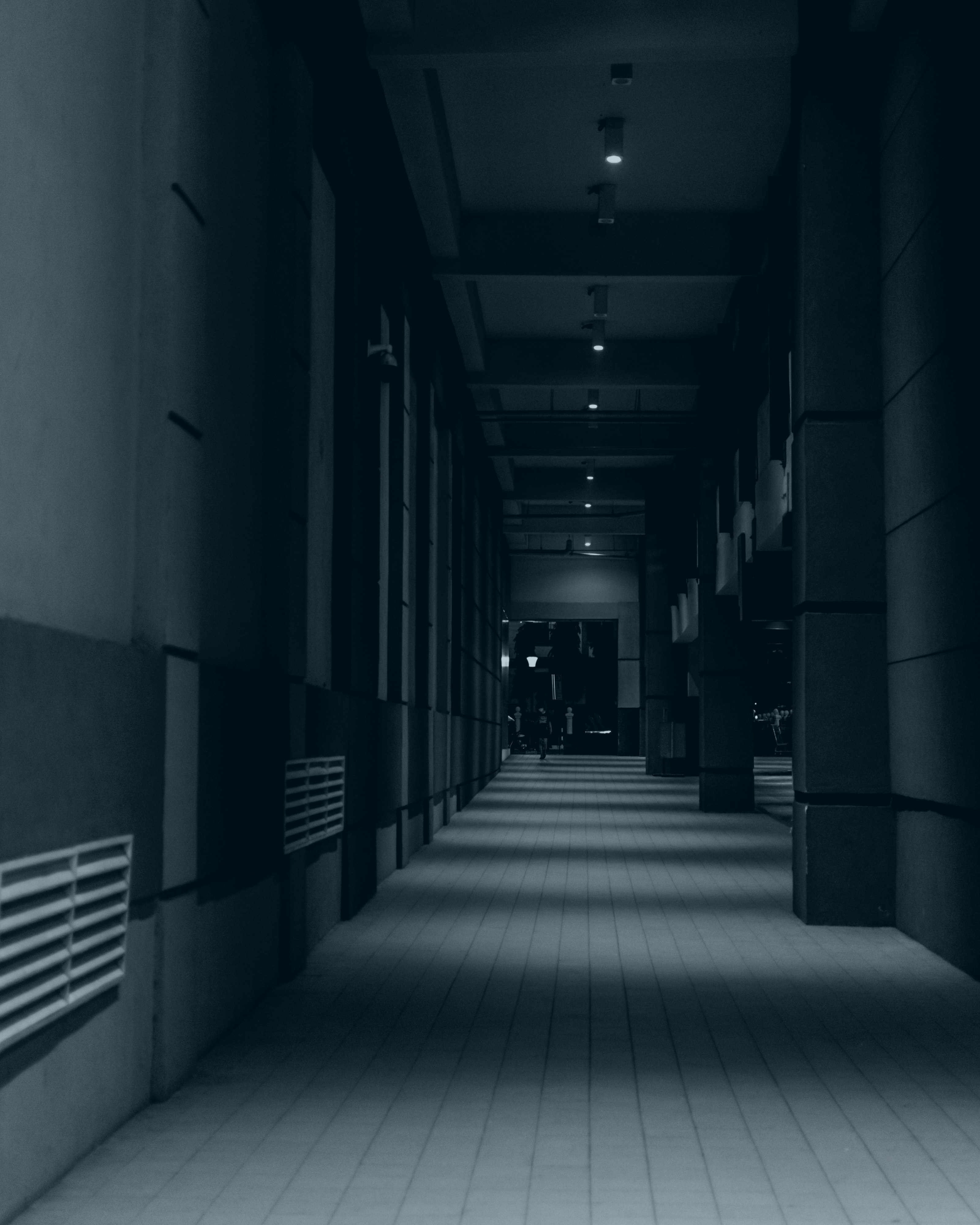 gray scale photo of hallway