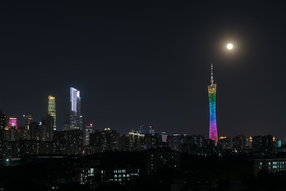 city skyline during night time