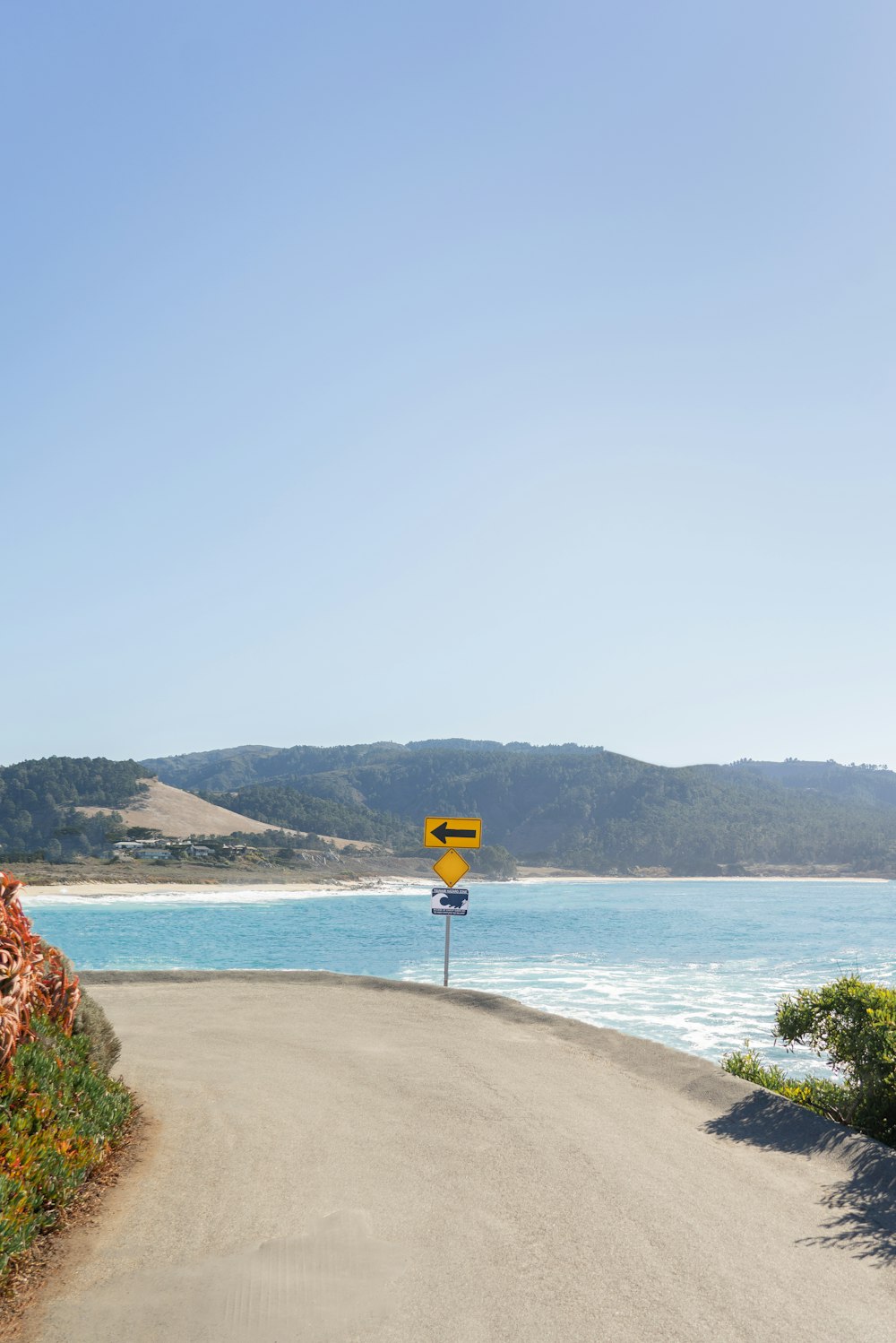 yellow and black road sign near body of water during daytime