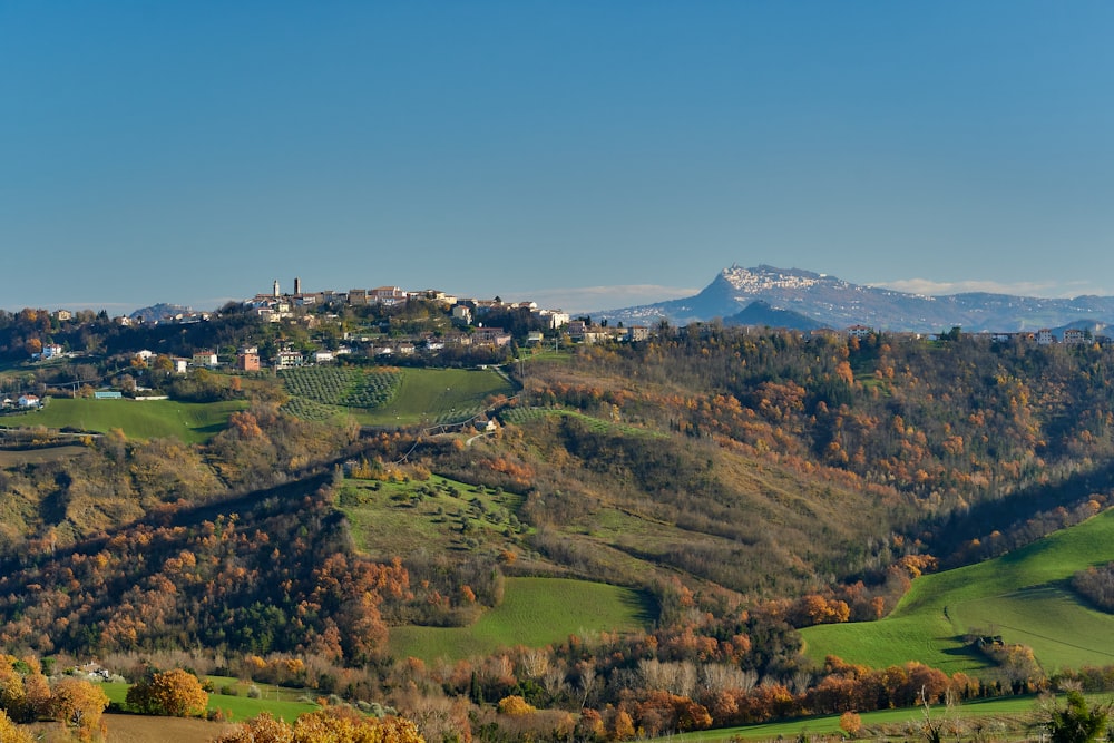 green grass field near mountain under blue sky during daytime