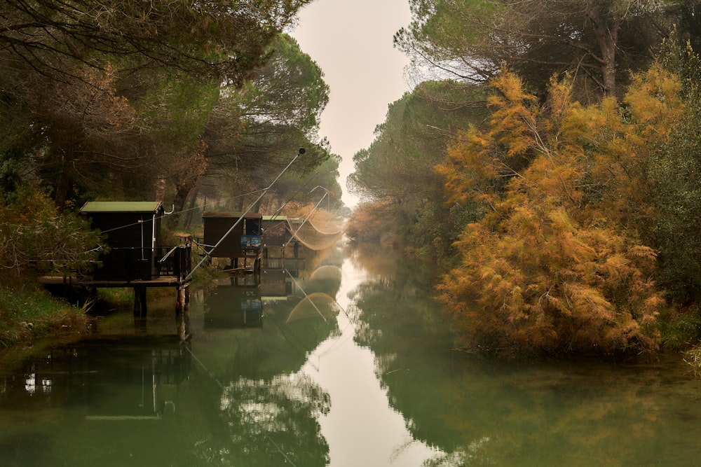 Casa de madera marrón cerca del río rodeada de árboles durante el día