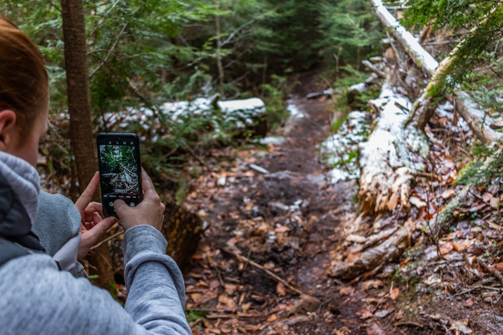 person holding black smartphone in forest during daytime