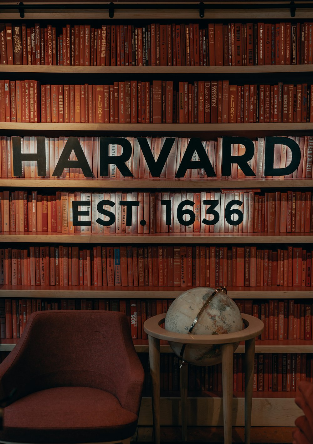 a chair and table in front of a bookshelf