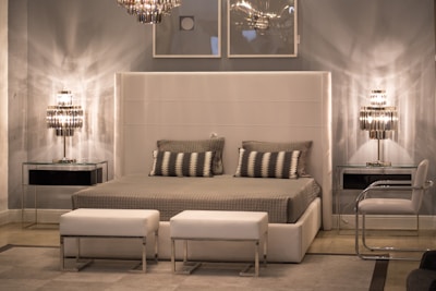 A modern bedroom features a large upholstered headboard with a neatly made bed covered in gray blankets and patterned pillows. The room is illuminated by two sleek, metallic table lamps on either side of the bed atop glass top nightstands. Above the bed, two minimalist framed artworks are hung on a gray wall. The decor is complemented by two white ottomans at the foot of the bed and a clear acrylic chair to the side.